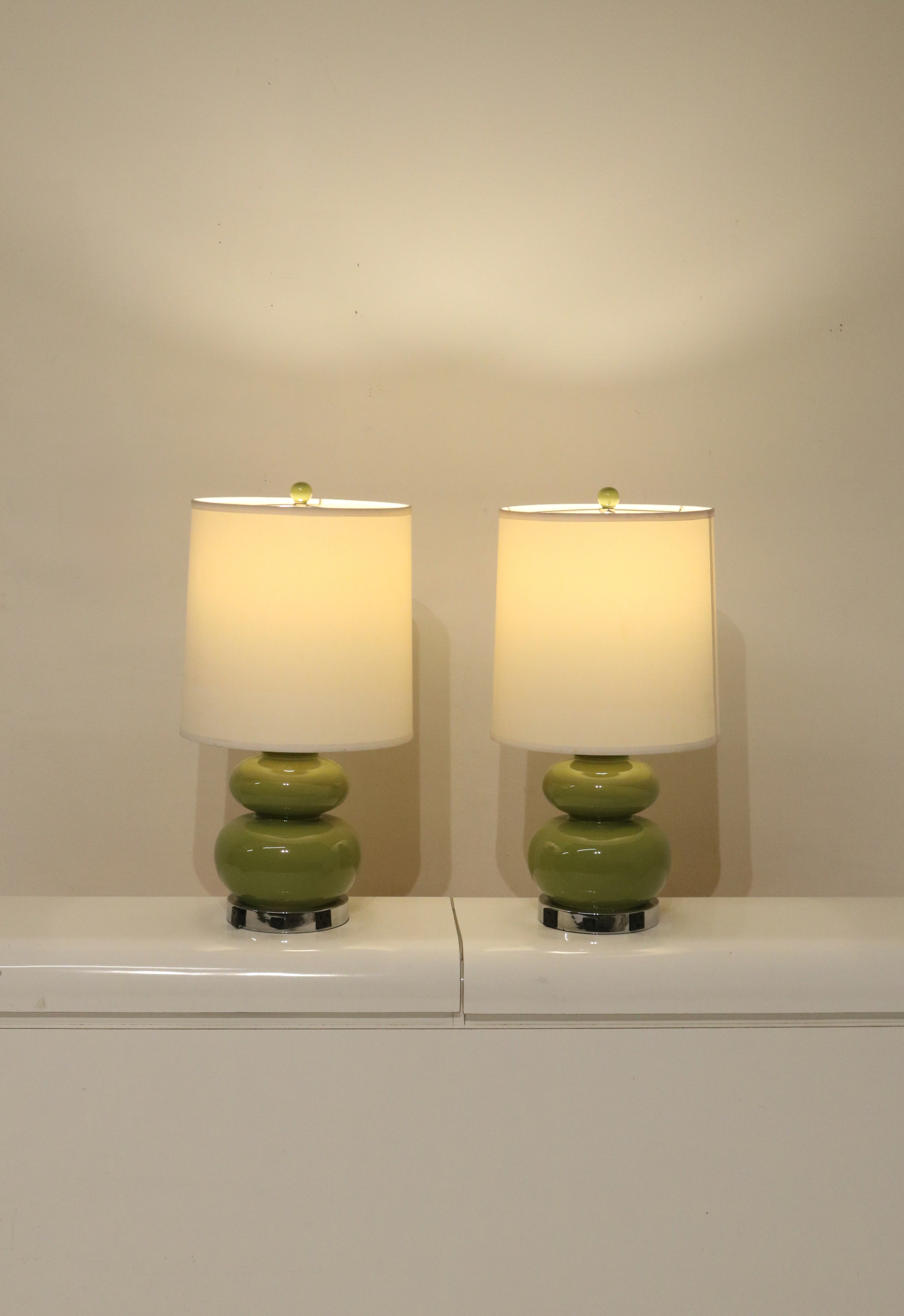 Set Of 2 Green Ceramic Table Lamps With Beige Drum Shade