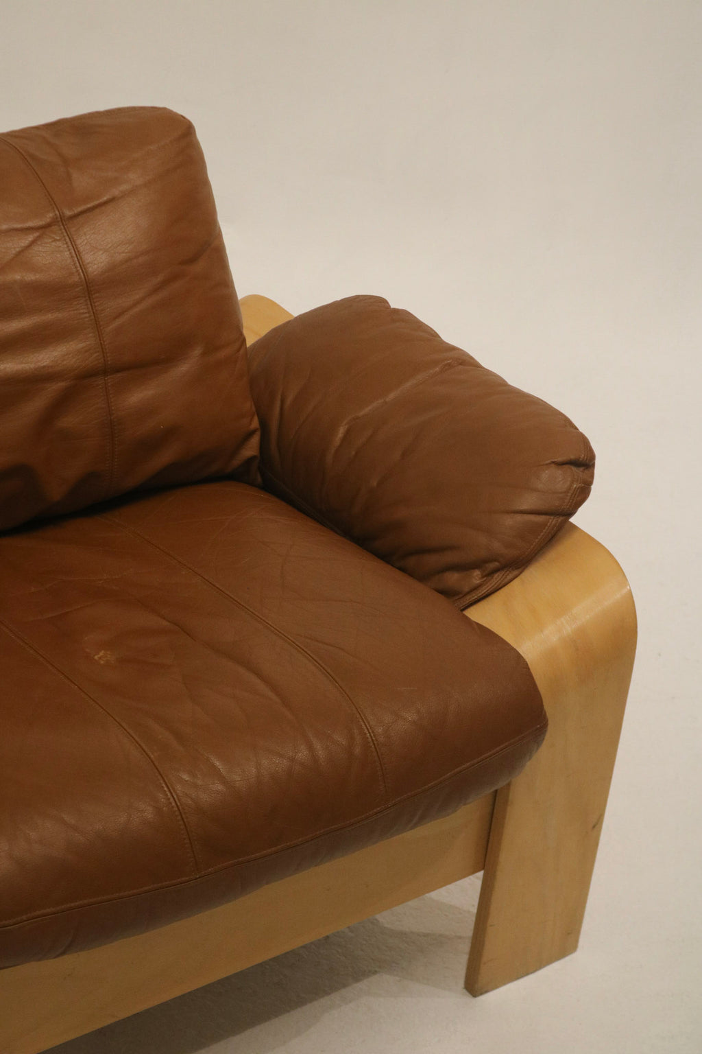 Vintage Swedish Brown Leather Beech Wood Panda Sofa by Åke Fribyter for Nelo Möbler