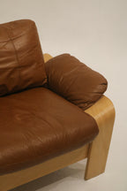 Vintage Swedish Brown Leather Beech Wood Panda Sofa by Åke Fribyter for Nelo Möbler