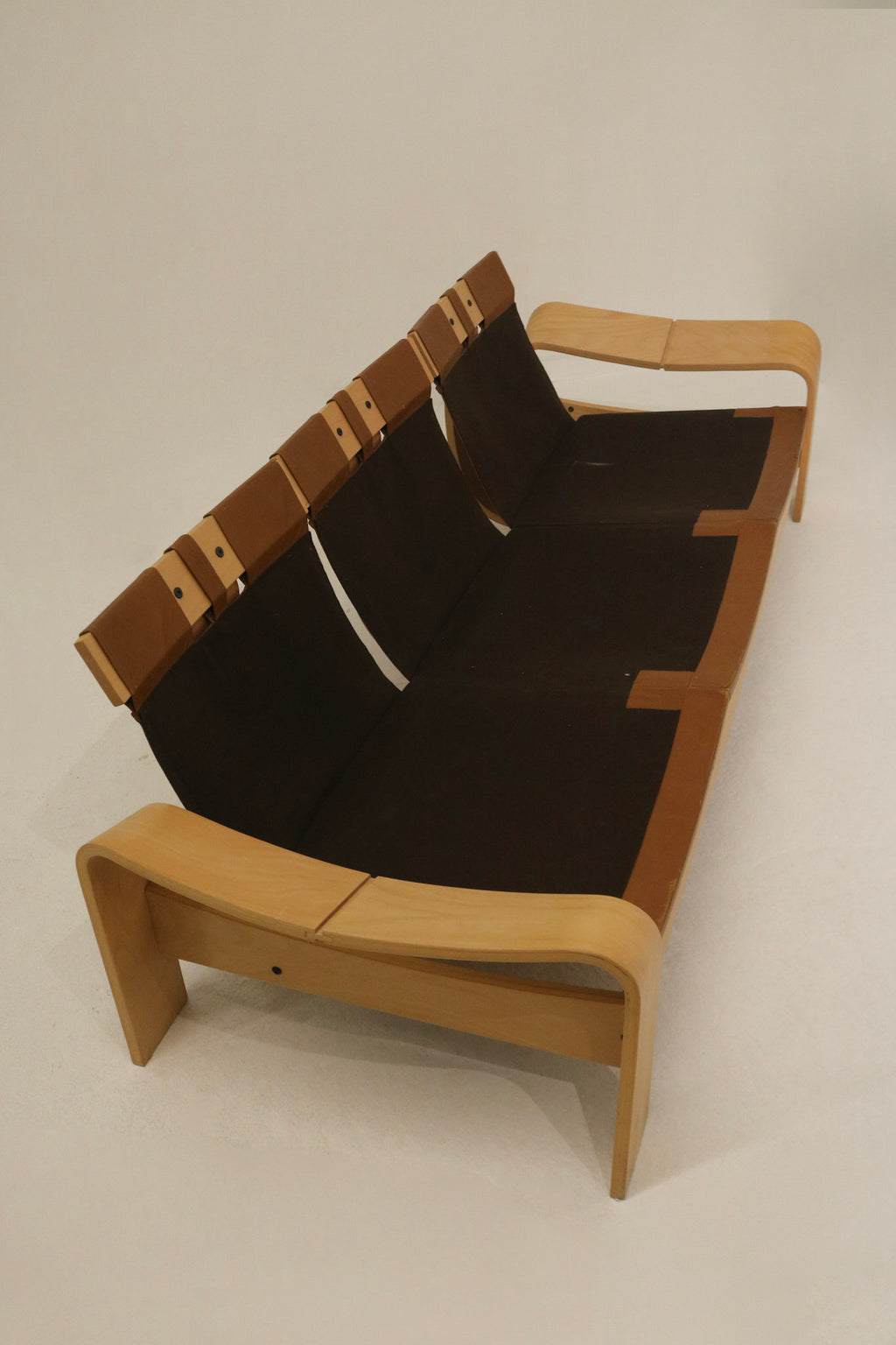 Vintage Swedish Brown Leather Beech Wood Panda Sofa by Åke Fribyter for Nelo Möbler