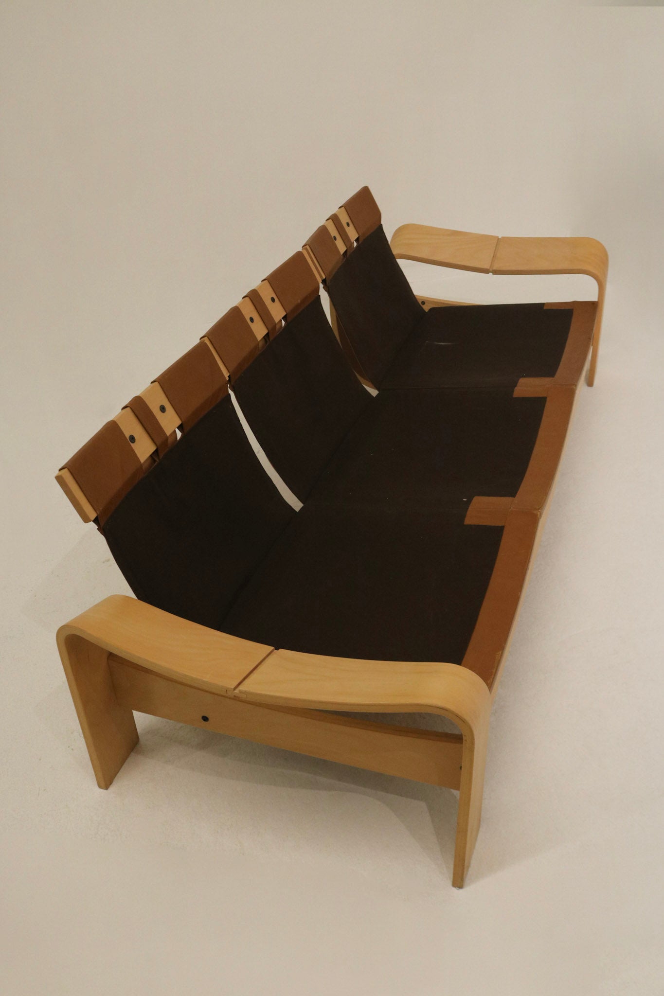 Vintage Swedish Brown Leather Beech Wood Panda Sofa by Åke Fribyter for Nelo Möbler