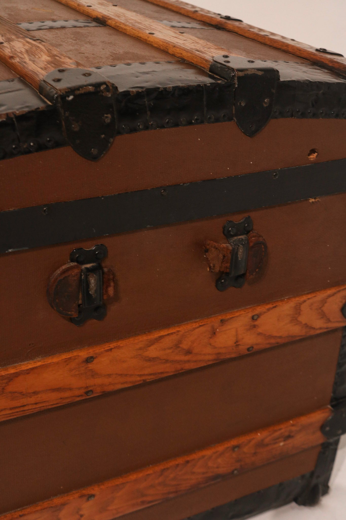 19th-Century Pine Trunk with Iron & Leather