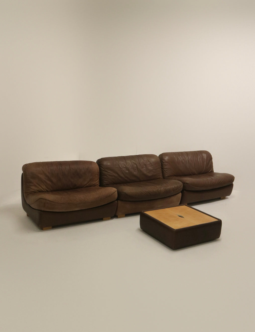 Set Of Vintage 1970s Modular Brown Leather Three-Seater Sofa Couch