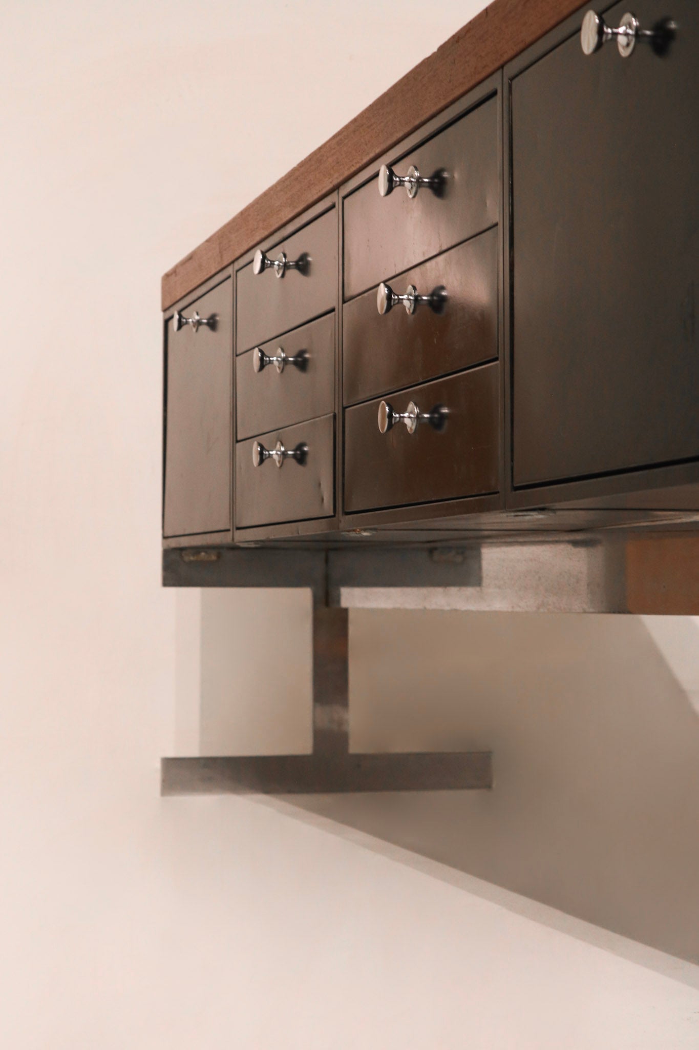 Mcm Vintage Industrial Solid Wood Steel Chrome Credenza Cabinet Console