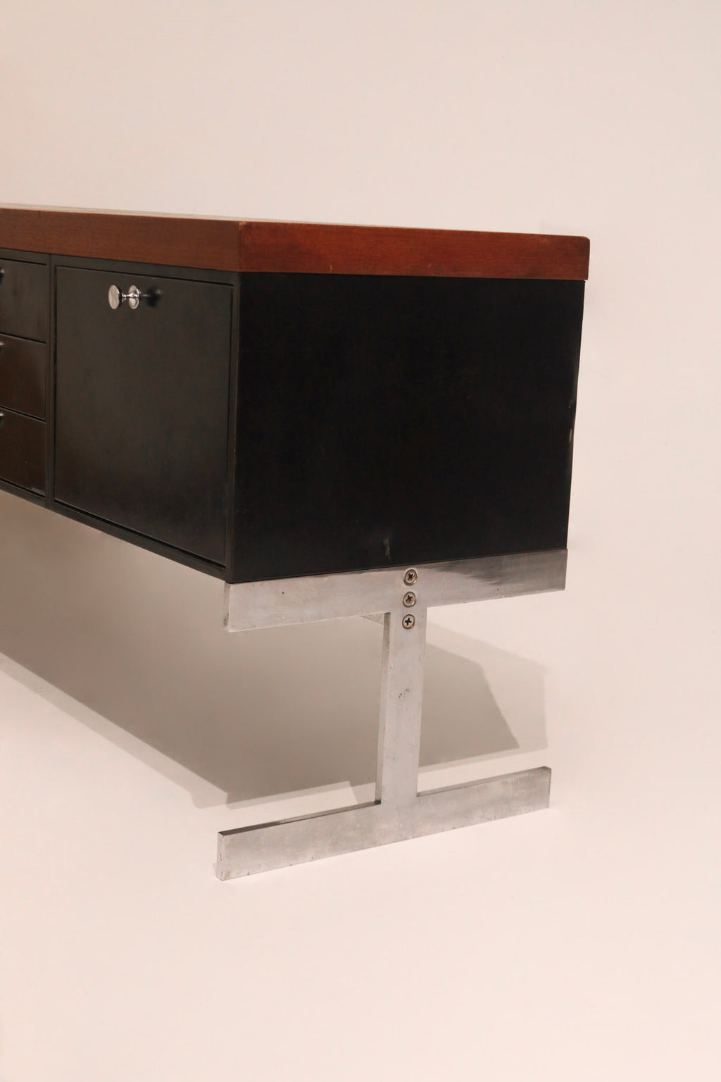 Mcm Vintage Industrial Solid Wood Steel Chrome Credenza Cabinet Console