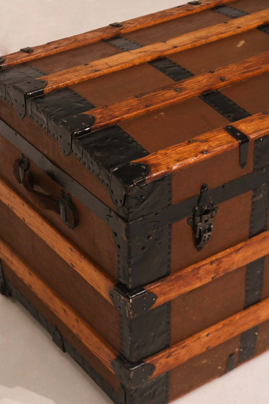 19th-Century Pine Trunk with Iron & Leather