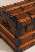 19th-Century Pine Trunk with Iron & Leather