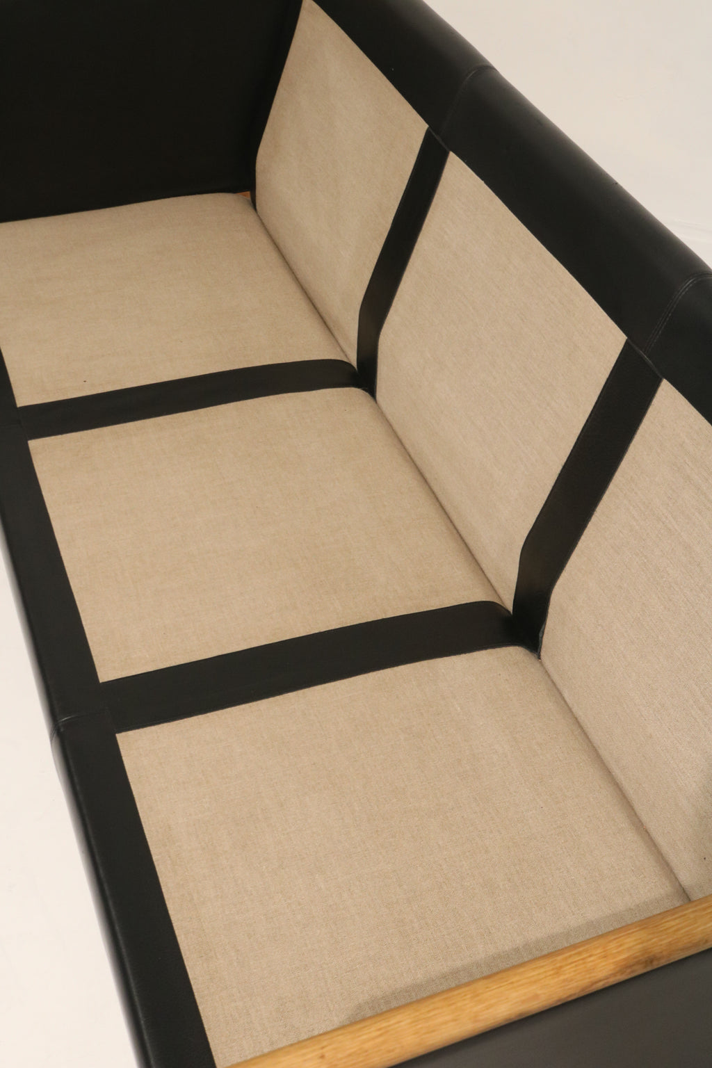 Danish Mcm Vintage Black Leather Oak Sofa Couch 3 Seats