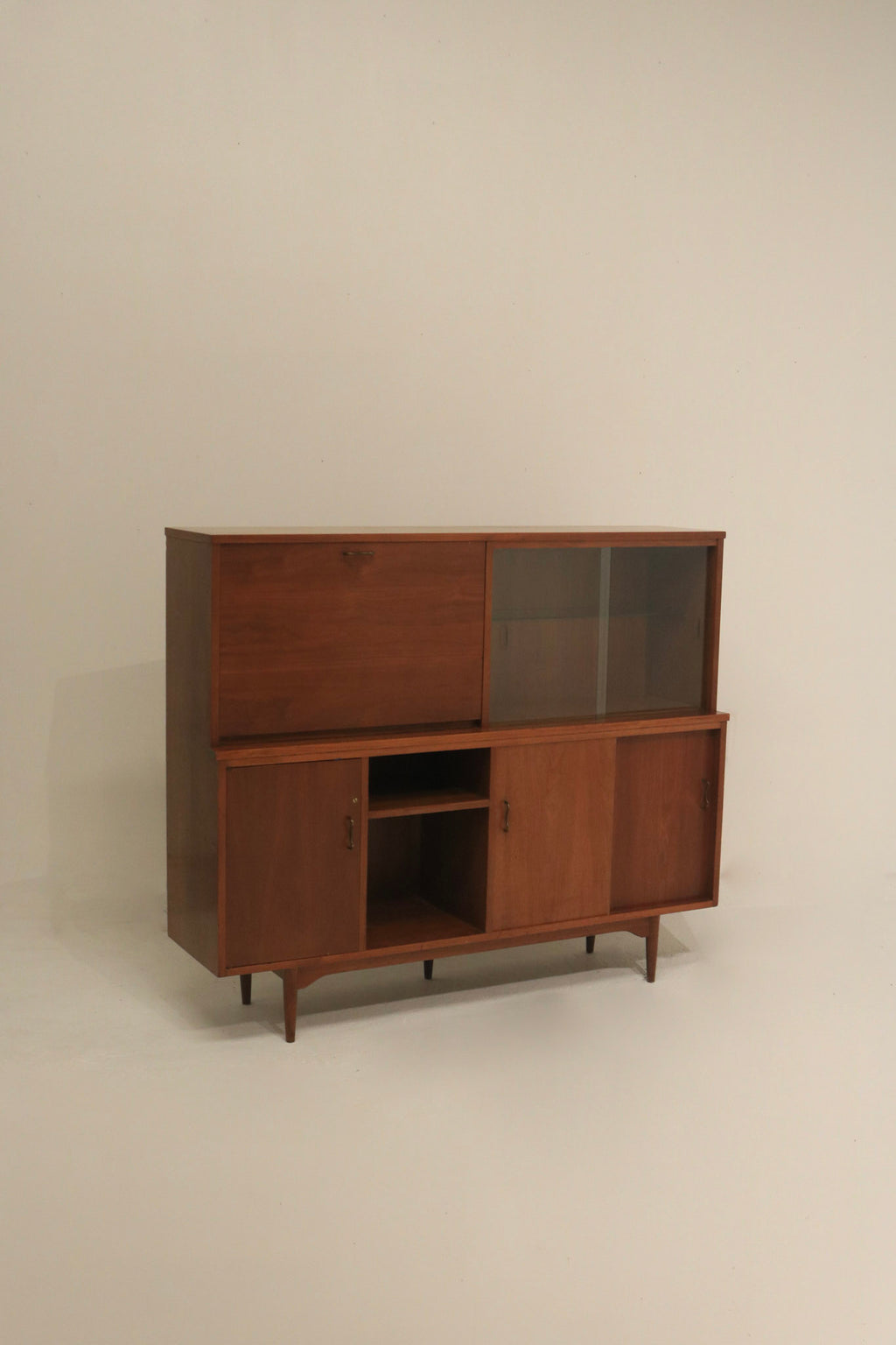 Vintage Mid-Century Modern Walnut Bar Cabinet With Light And Sliding Glass Doors