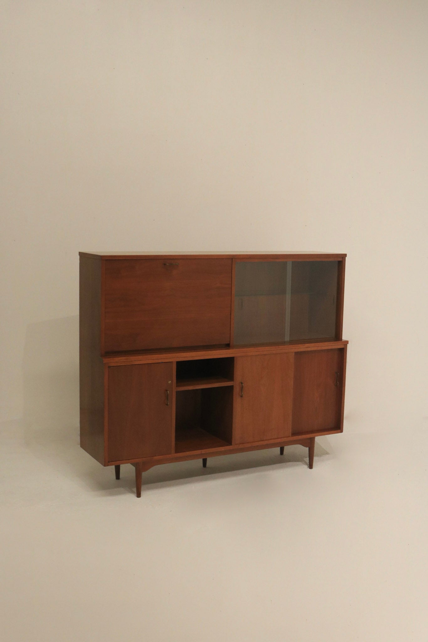 Vintage Mid-Century Modern Walnut Bar Cabinet With Light And Sliding Glass Doors