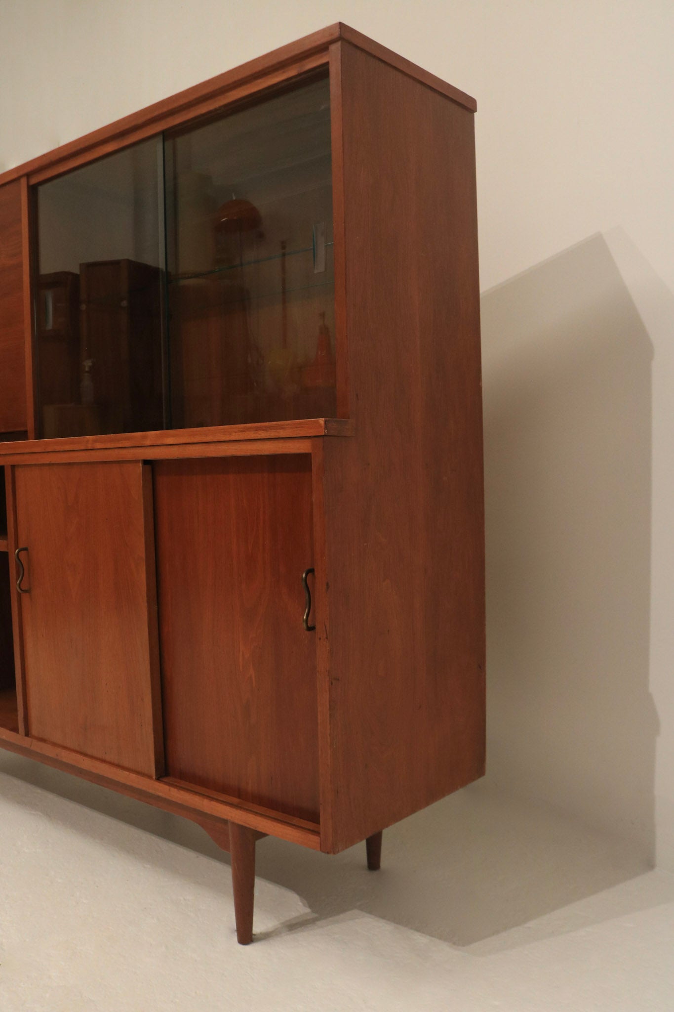 Vintage Mid-Century Modern Walnut Bar Cabinet With Light And Sliding Glass Doors