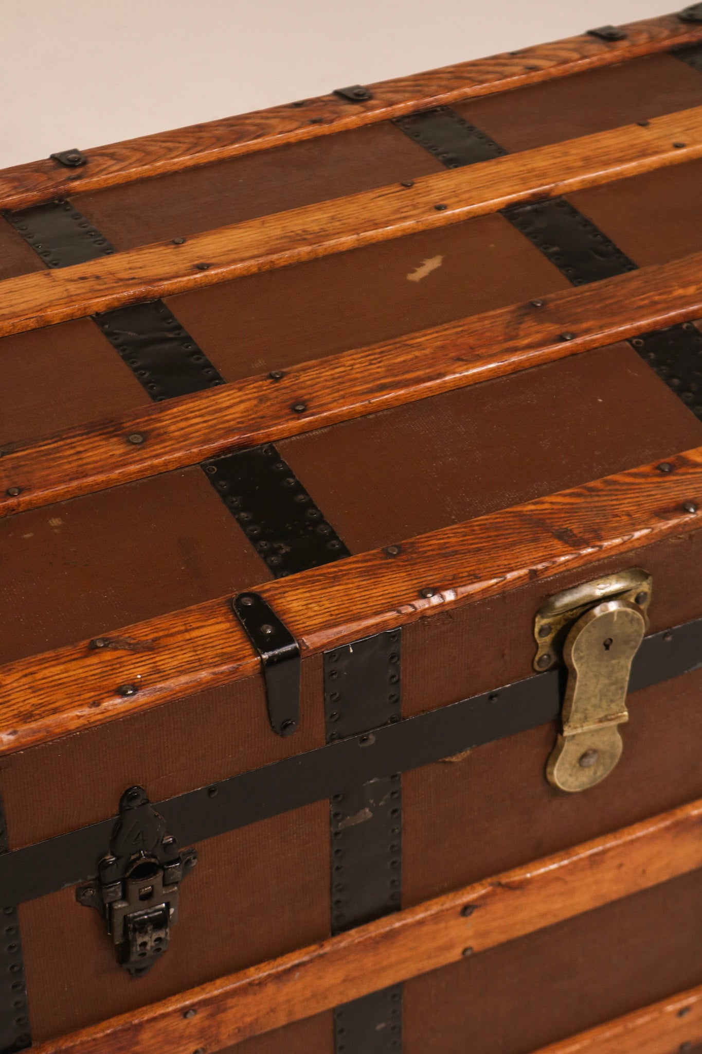 19th-Century Pine Trunk with Iron & Leather