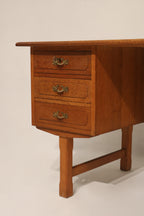 Mid Century Danish Oak Wood Writing Desk With Drawers And Key