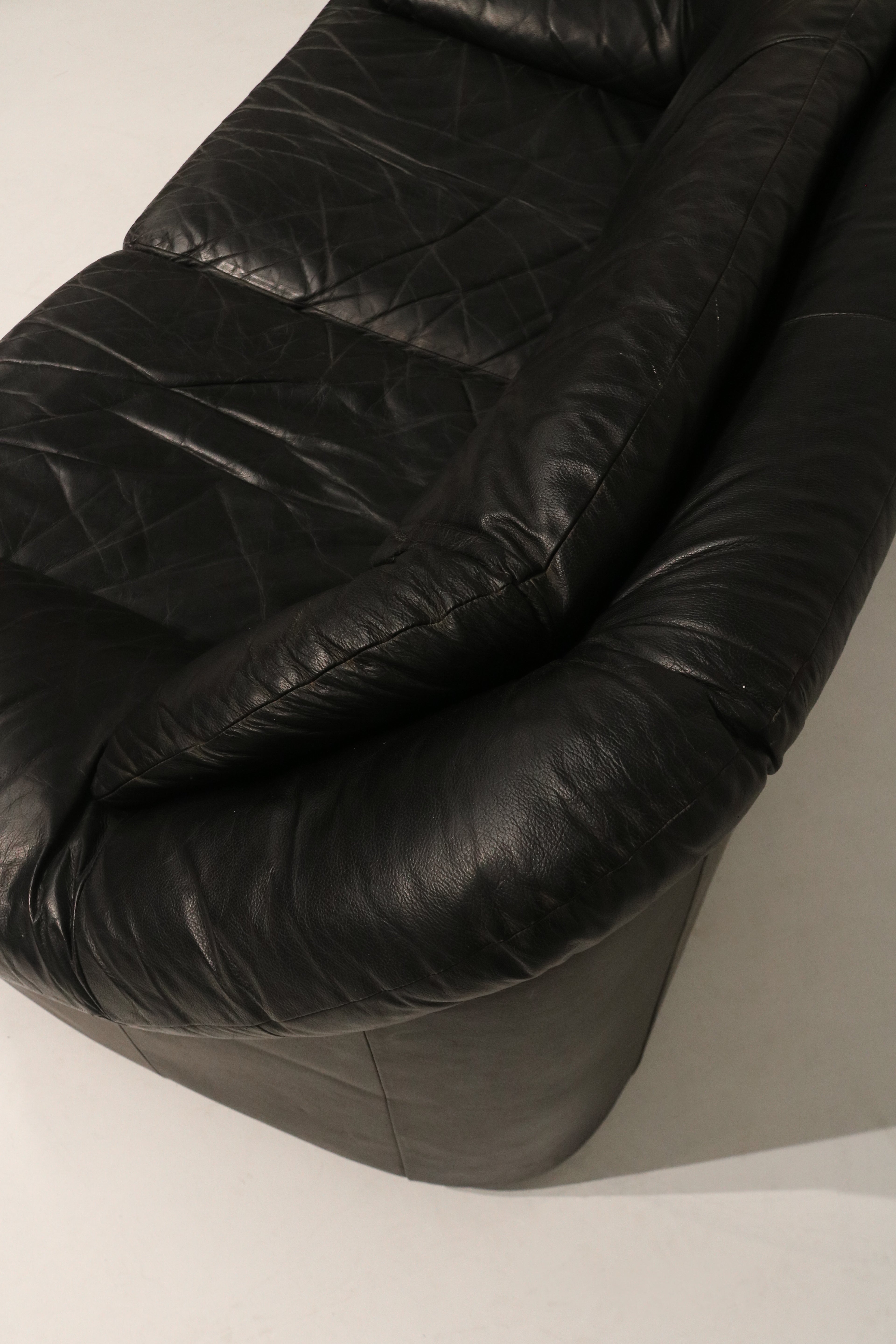 Vintage Postmodern Black Leather Loveseat Sofa