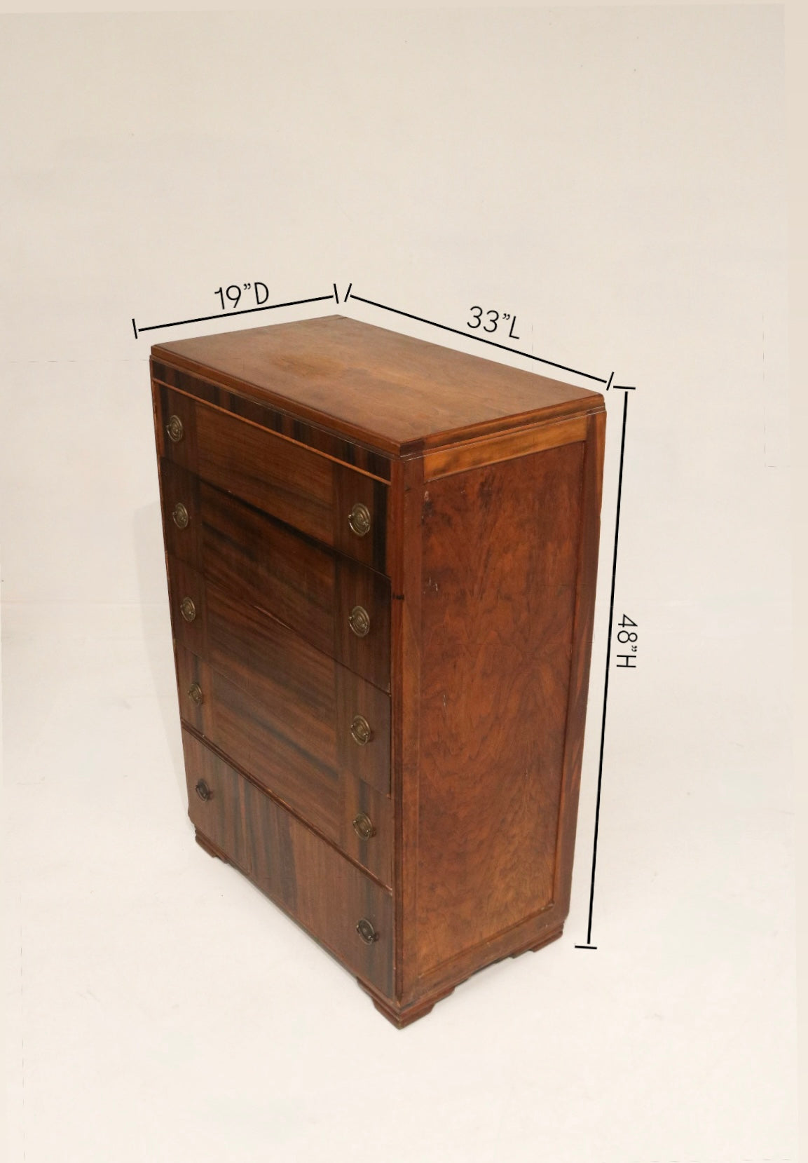 Art Deco Vintage Walnut Wood Tall Dresser Chest Of Drawers
