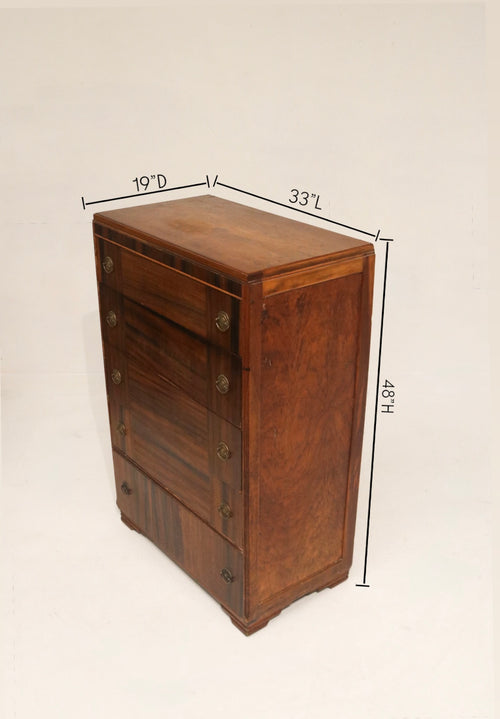 Art Deco Vintage Walnut Wood Tall Dresser Chest Of Drawers
