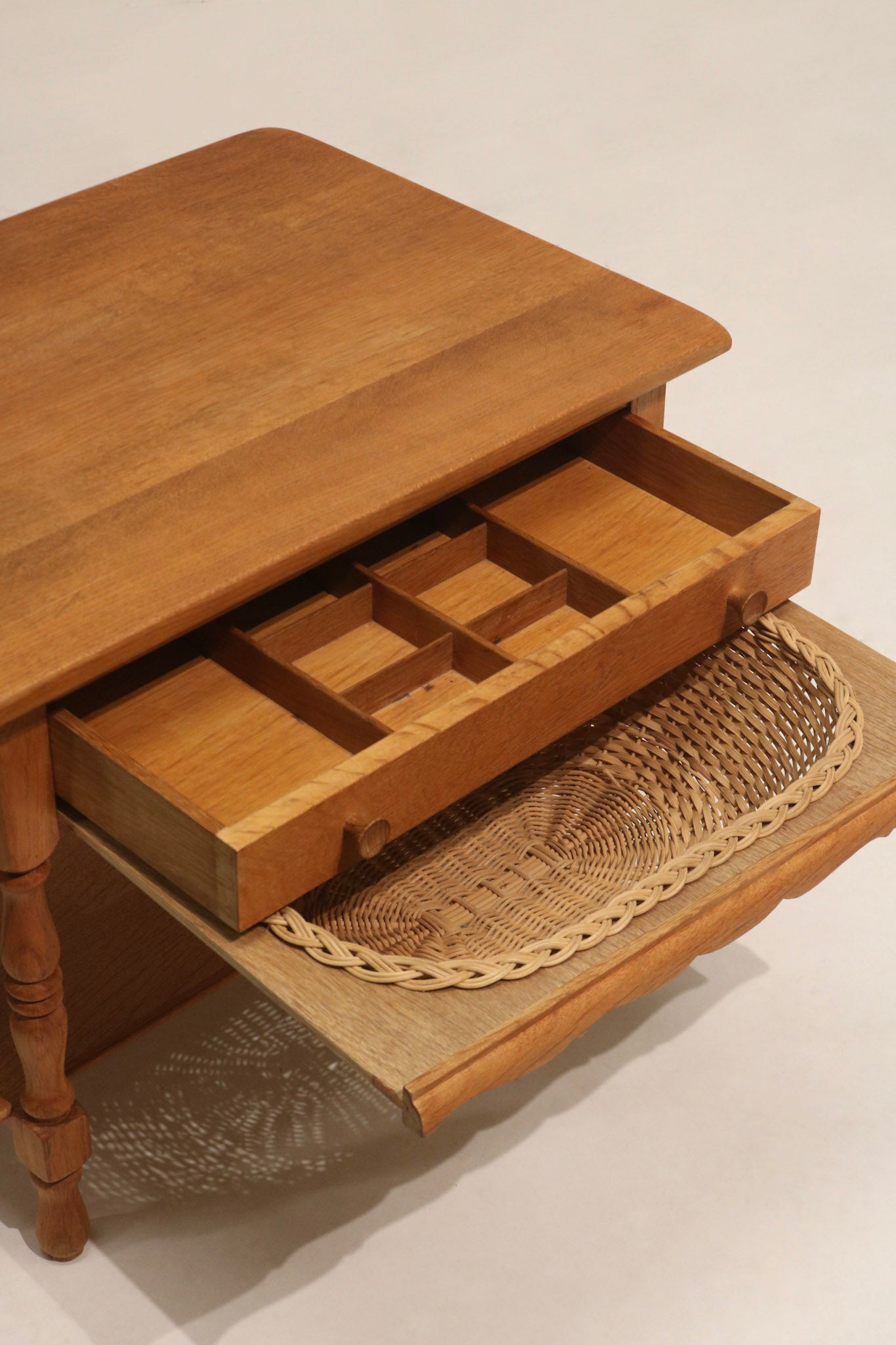 Danish Modern Oak & Wicker Side Table Bed Side Table With 2 Drawers