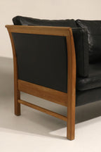 Danish Mcm Vintage Black Leather Oak Sofa Couch 3 Seats