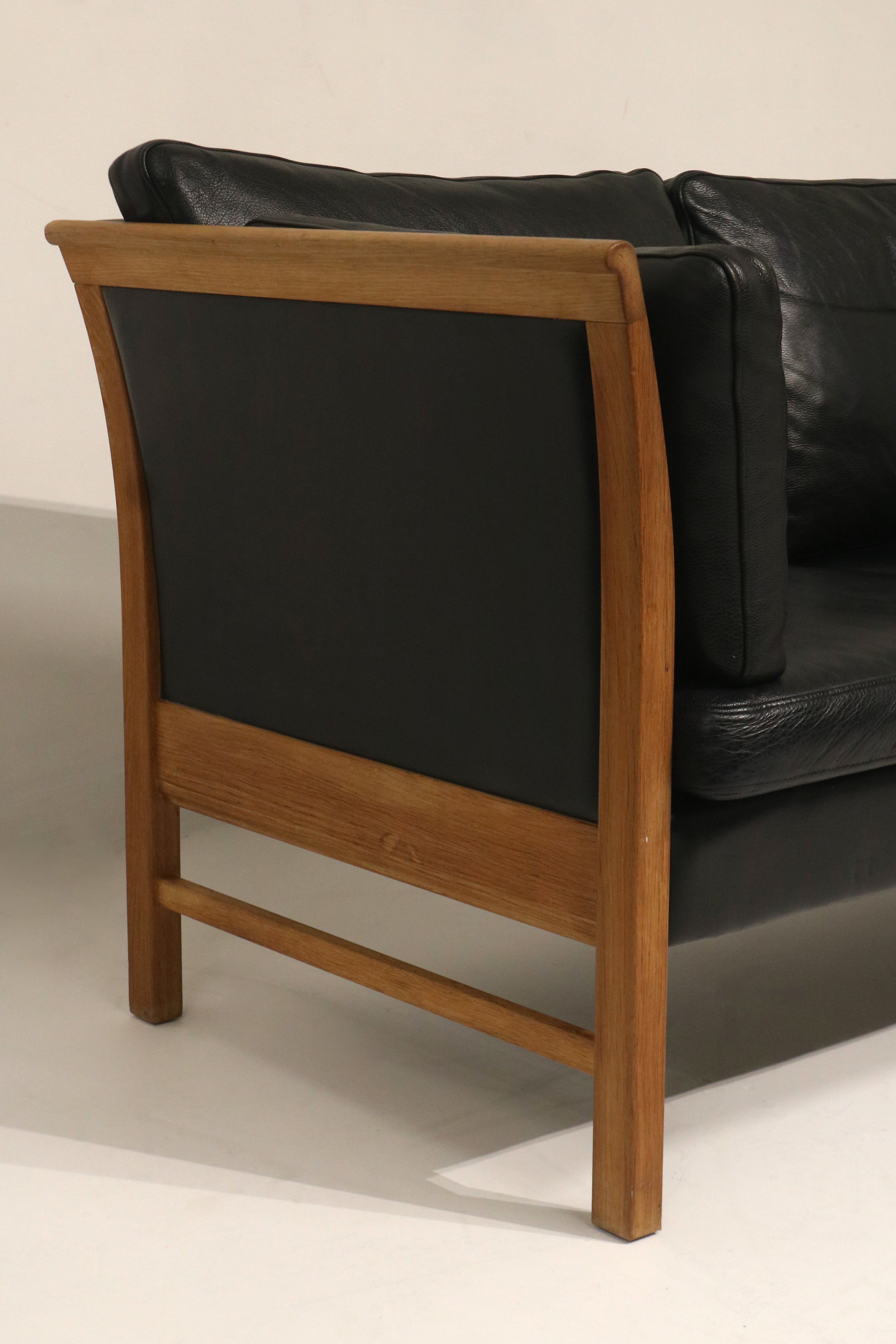 Danish Mcm Vintage Black Leather Oak Sofa Couch 3 Seats