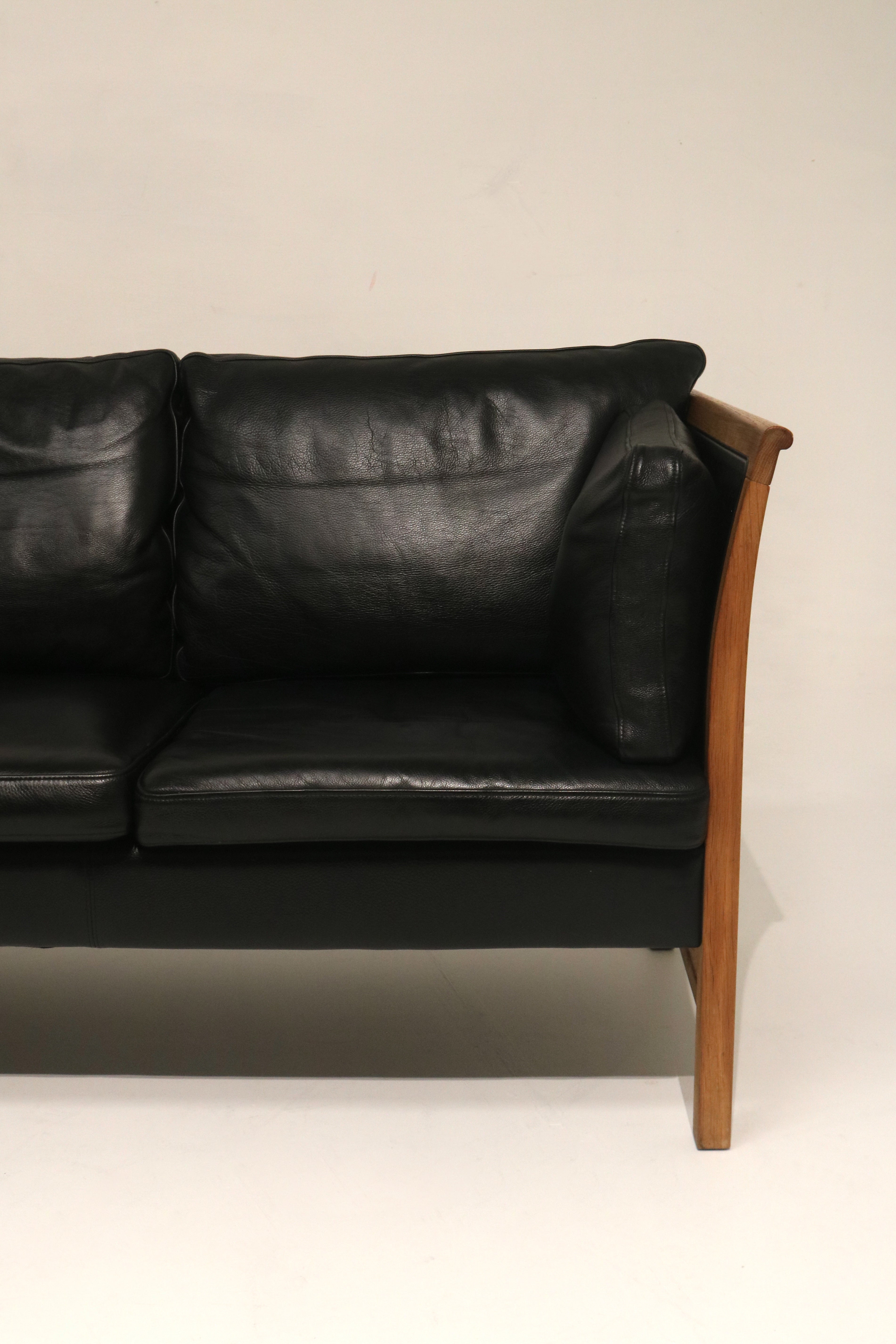 Danish Mcm Vintage Black Leather Oak Sofa Couch 3 Seats