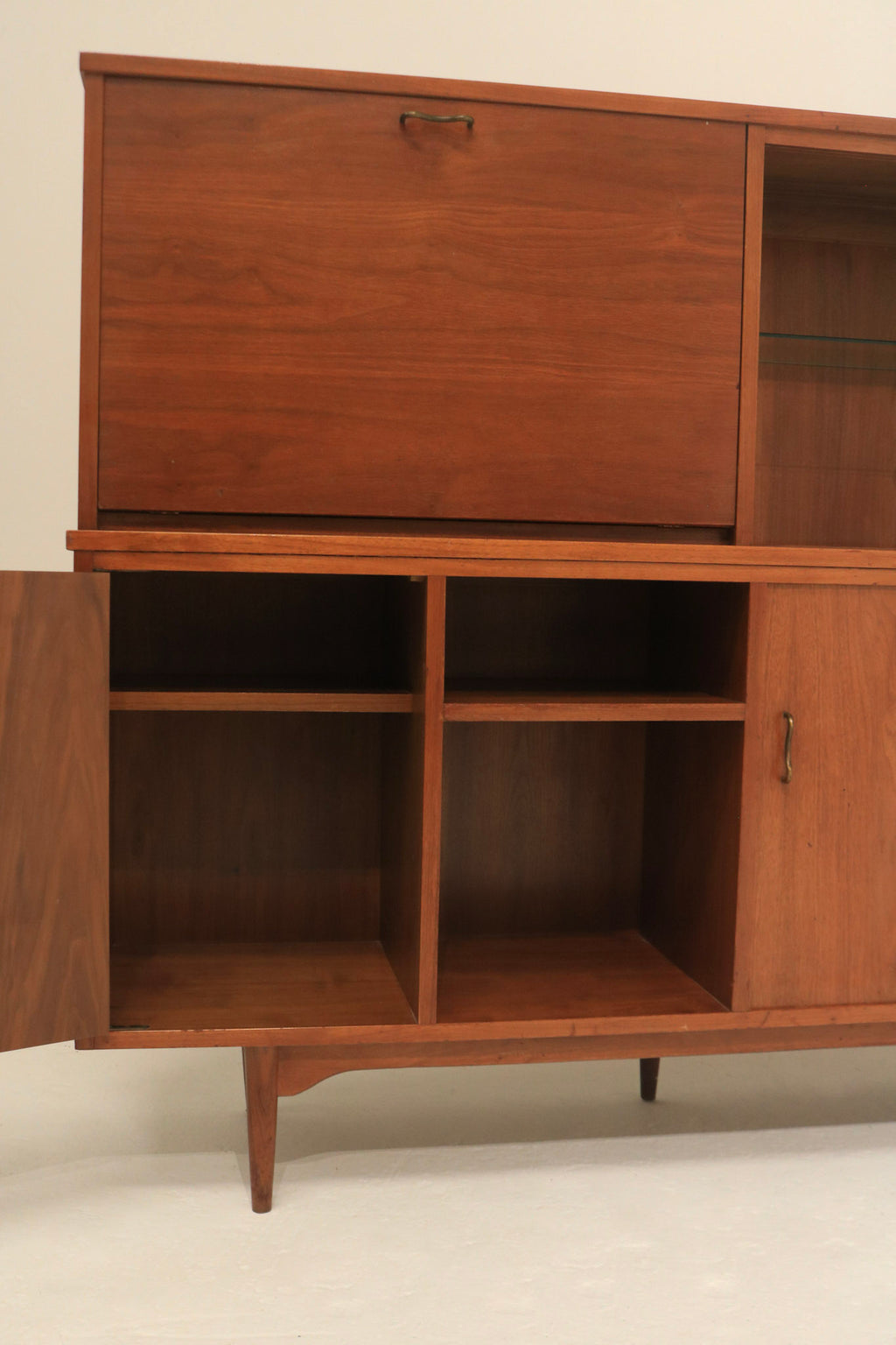 Vintage Mid-Century Modern Walnut Bar Cabinet With Light And Sliding Glass Doors