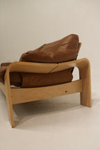 Vintage Swedish Brown Leather Beech Wood Panda Sofa by Åke Fribyter for Nelo Möbler
