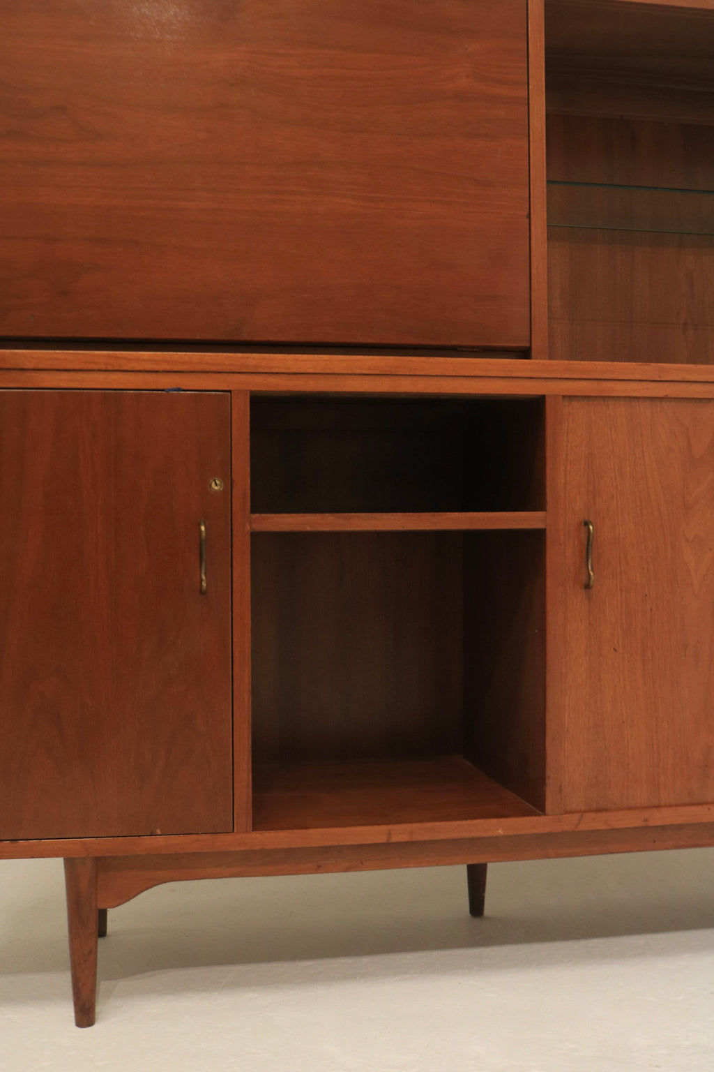 Vintage Mid-Century Modern Walnut Bar Cabinet With Light And Sliding Glass Doors