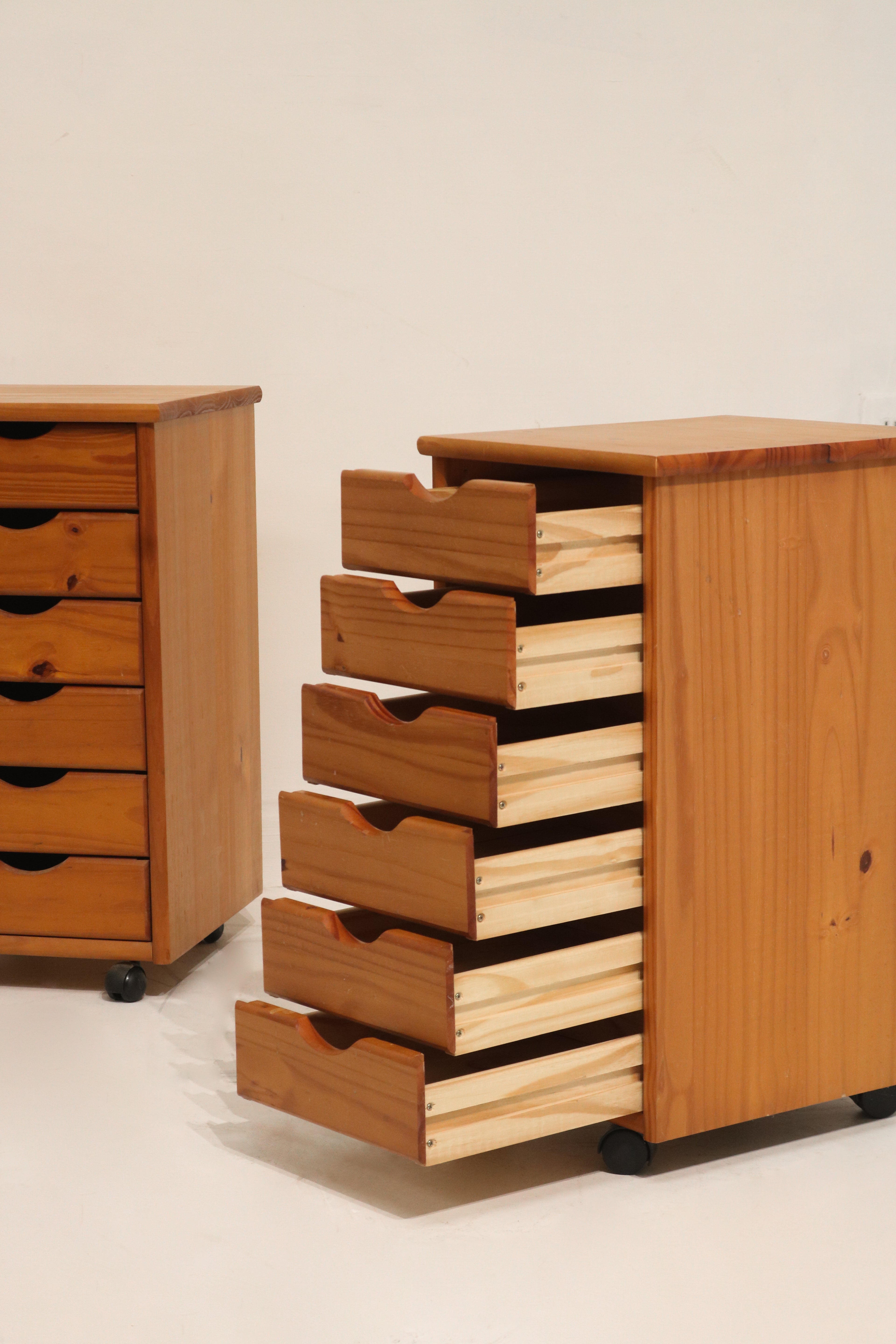 Set Of 2 Vintage Swedish Pine Rolling Nightstands Cabinet Storages