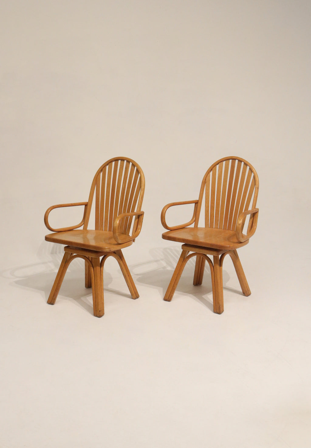Set Of 2 Vintage Solid Oak Wood Swivel Chairs Arm Chairs
