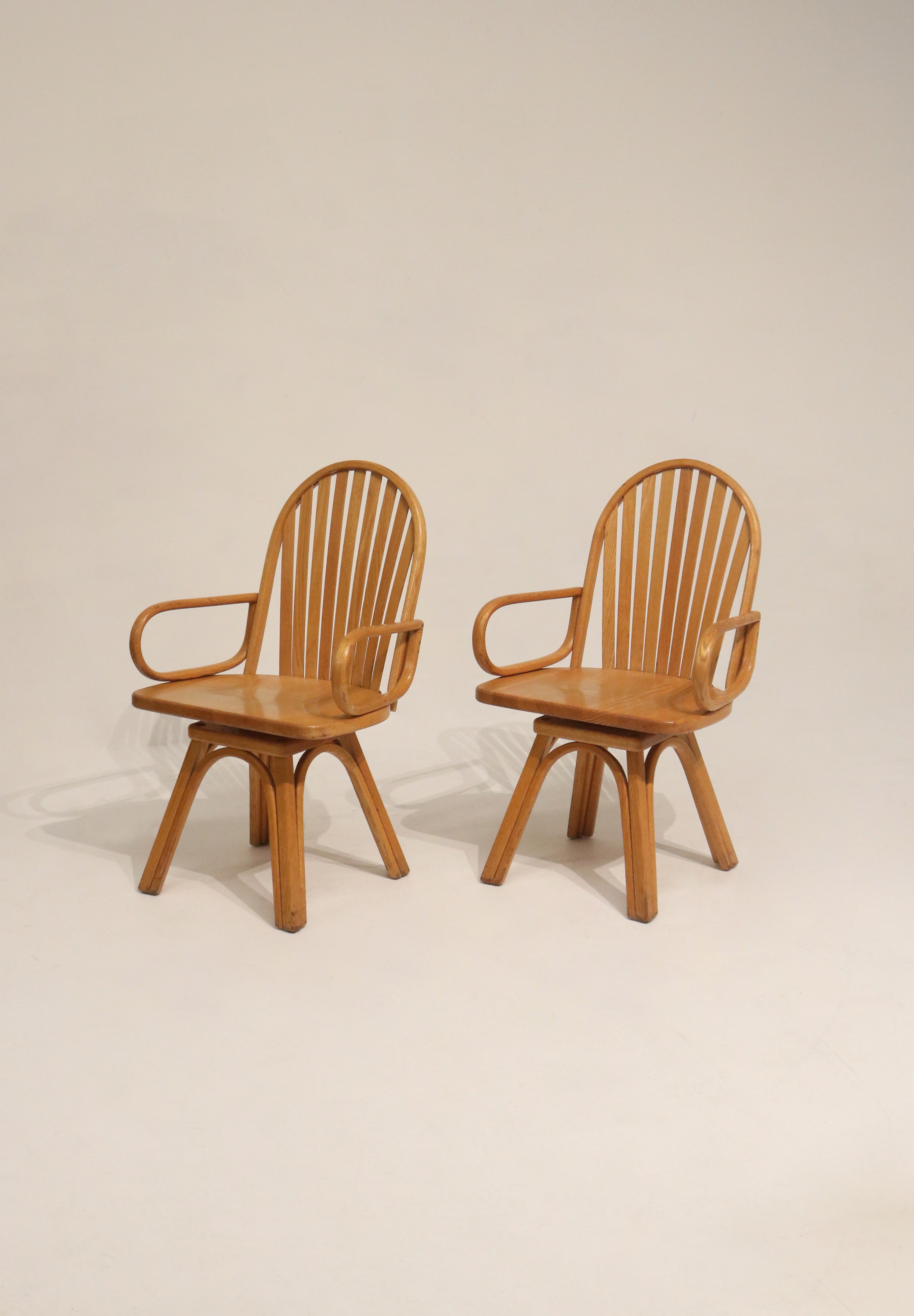Set Of 2 Vintage Solid Oak Wood Swivel Chairs Arm Chairs
