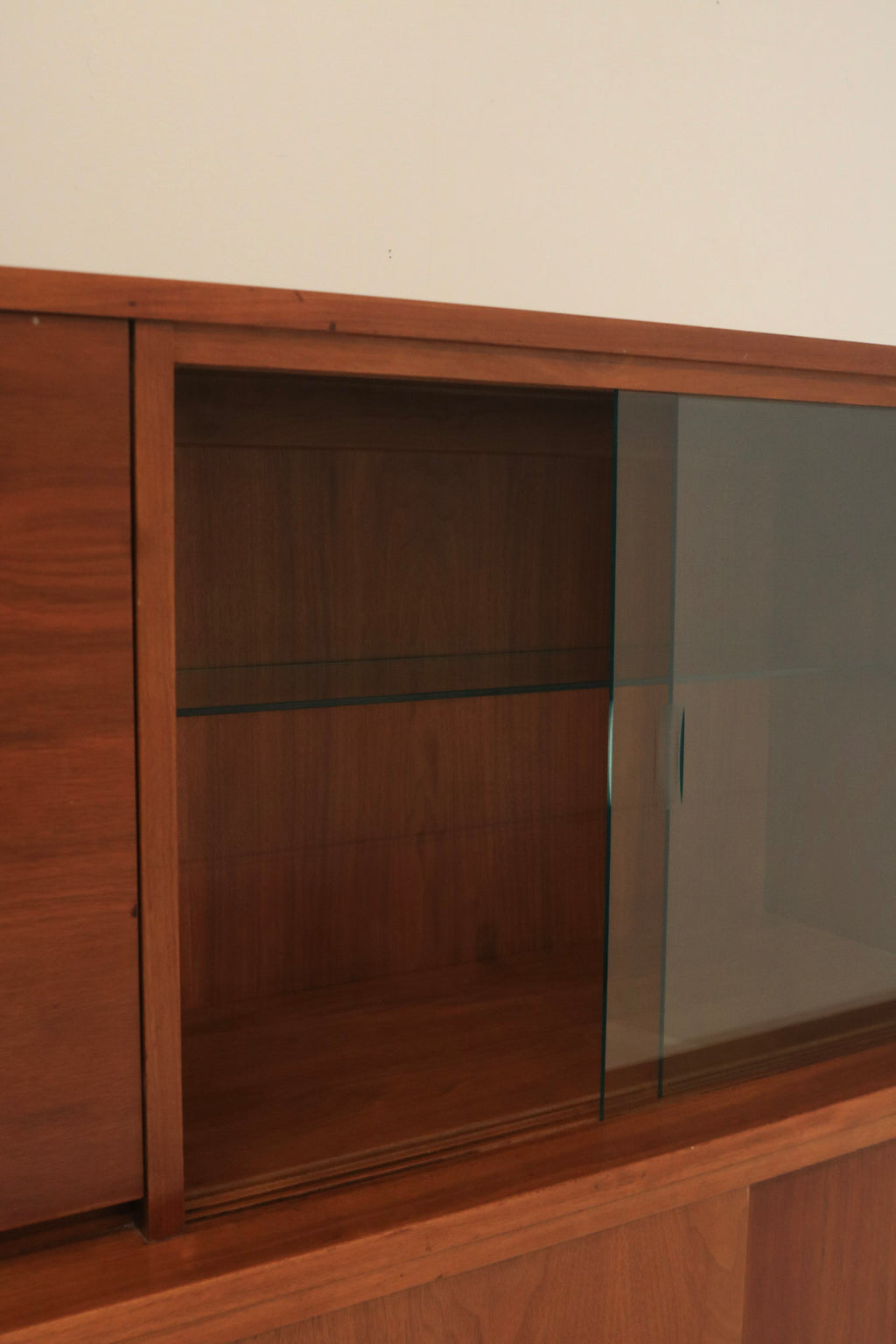 Vintage Mid-Century Modern Walnut Bar Cabinet With Light And Sliding Glass Doors