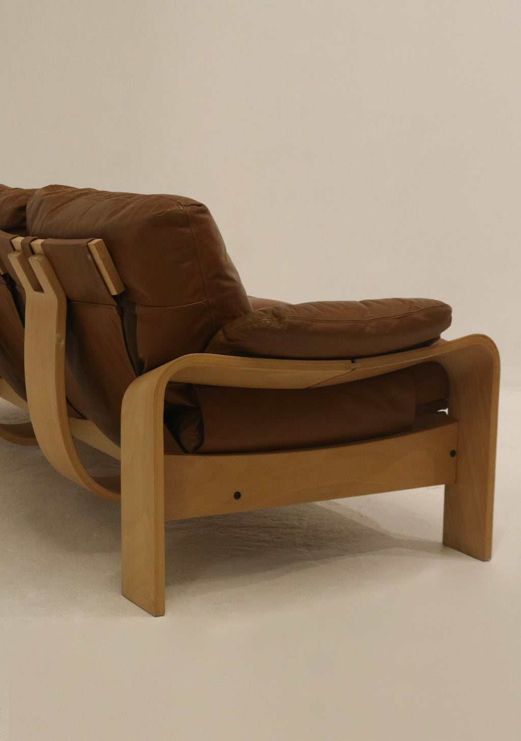 Vintage Swedish Brown Leather Beech Wood Panda Sofa by Åke Fribyter for Nelo Möbler