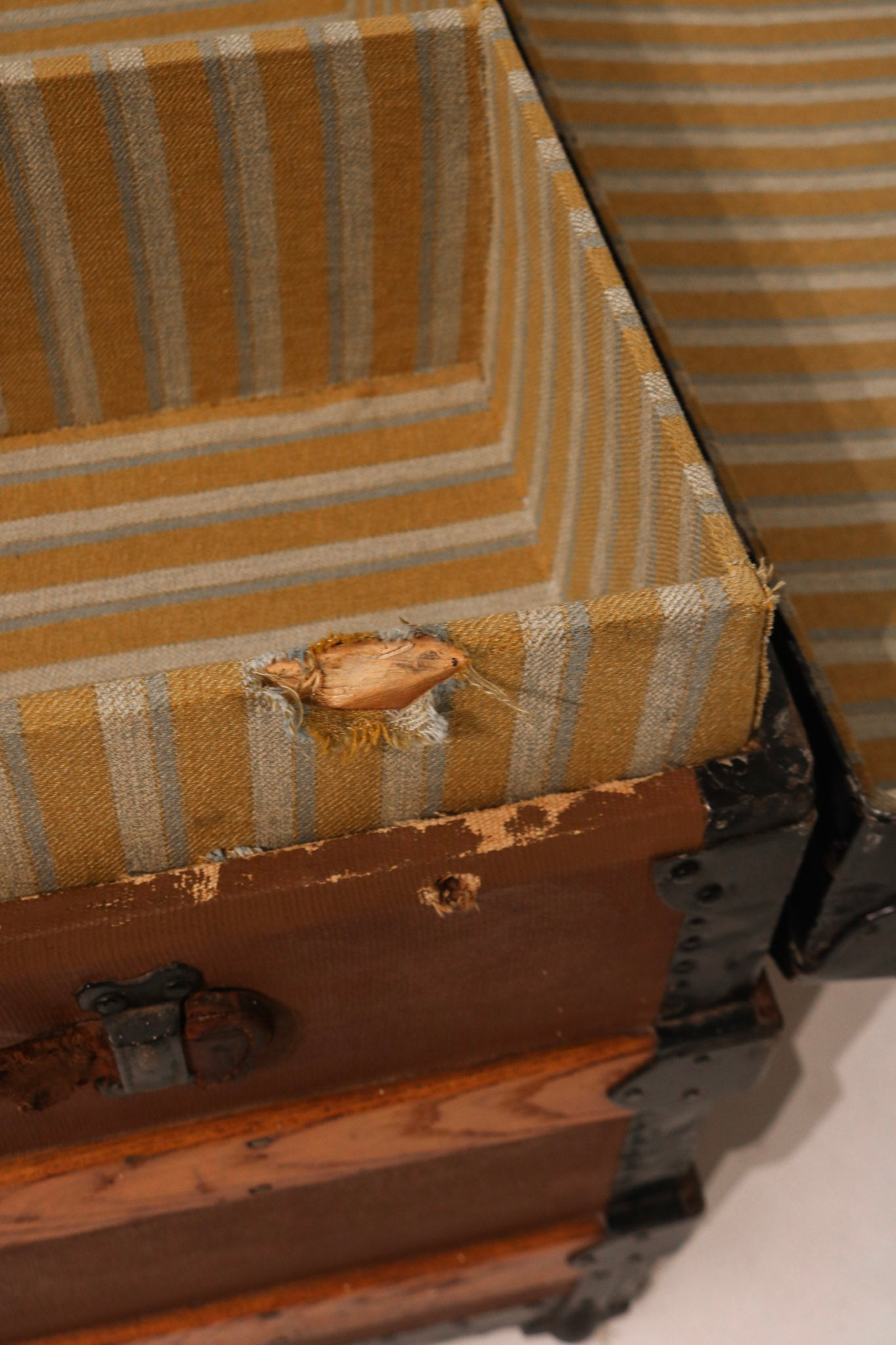 19th-Century Pine Trunk with Iron & Leather