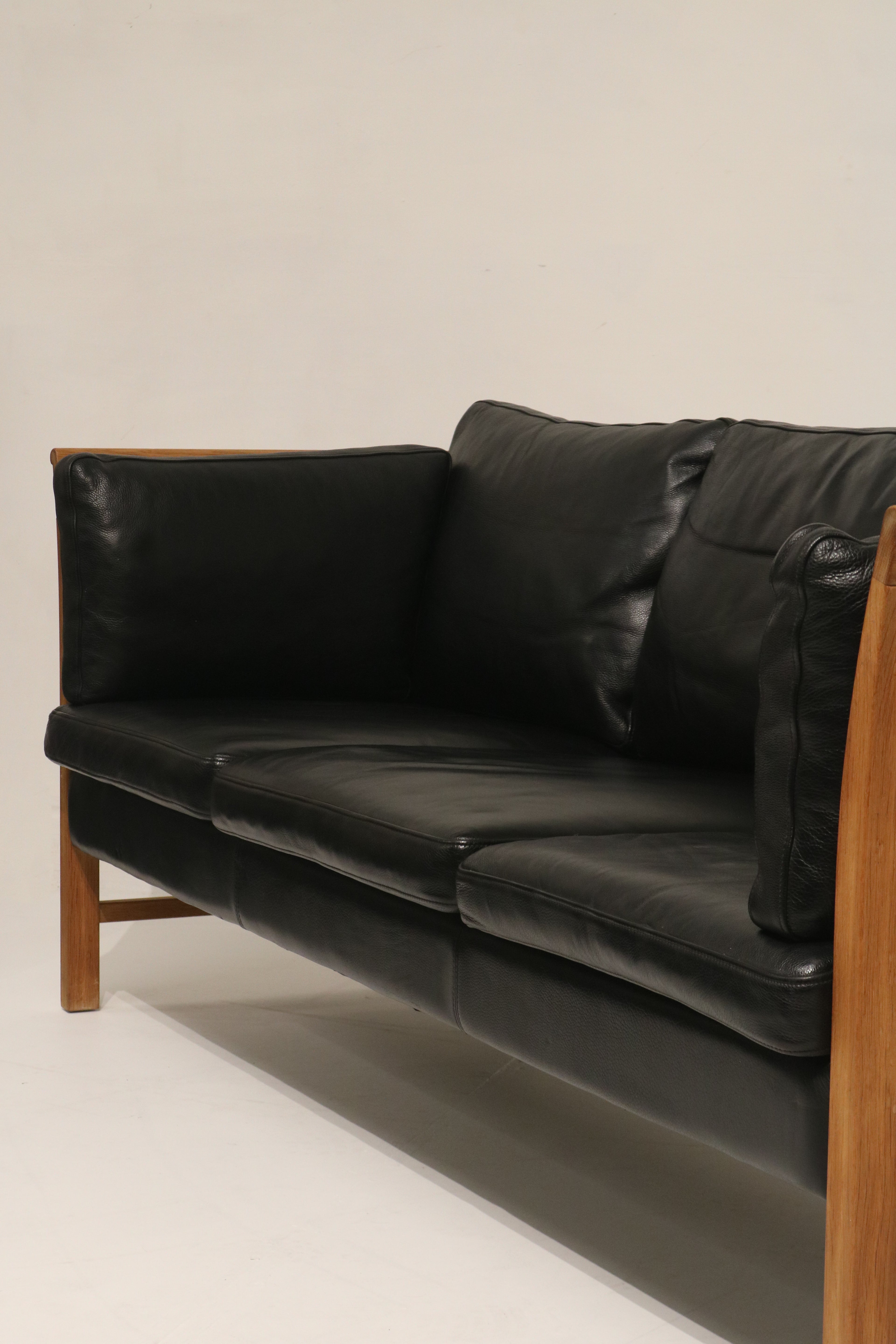 Danish Mcm Vintage Black Leather Oak Sofa Couch 3 Seats