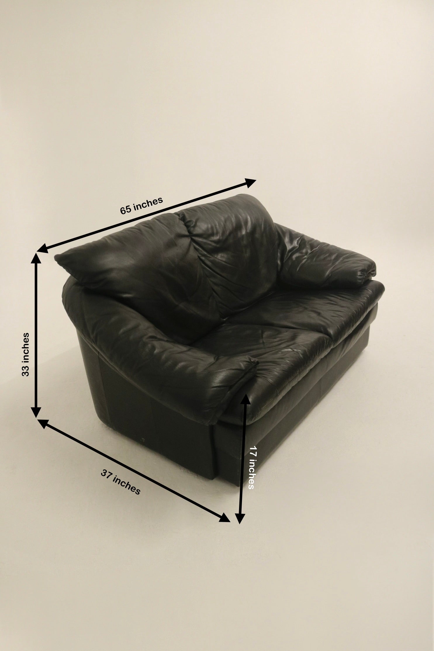 Vintage Italian Black Leather Sofa 2 Seats Loveseat