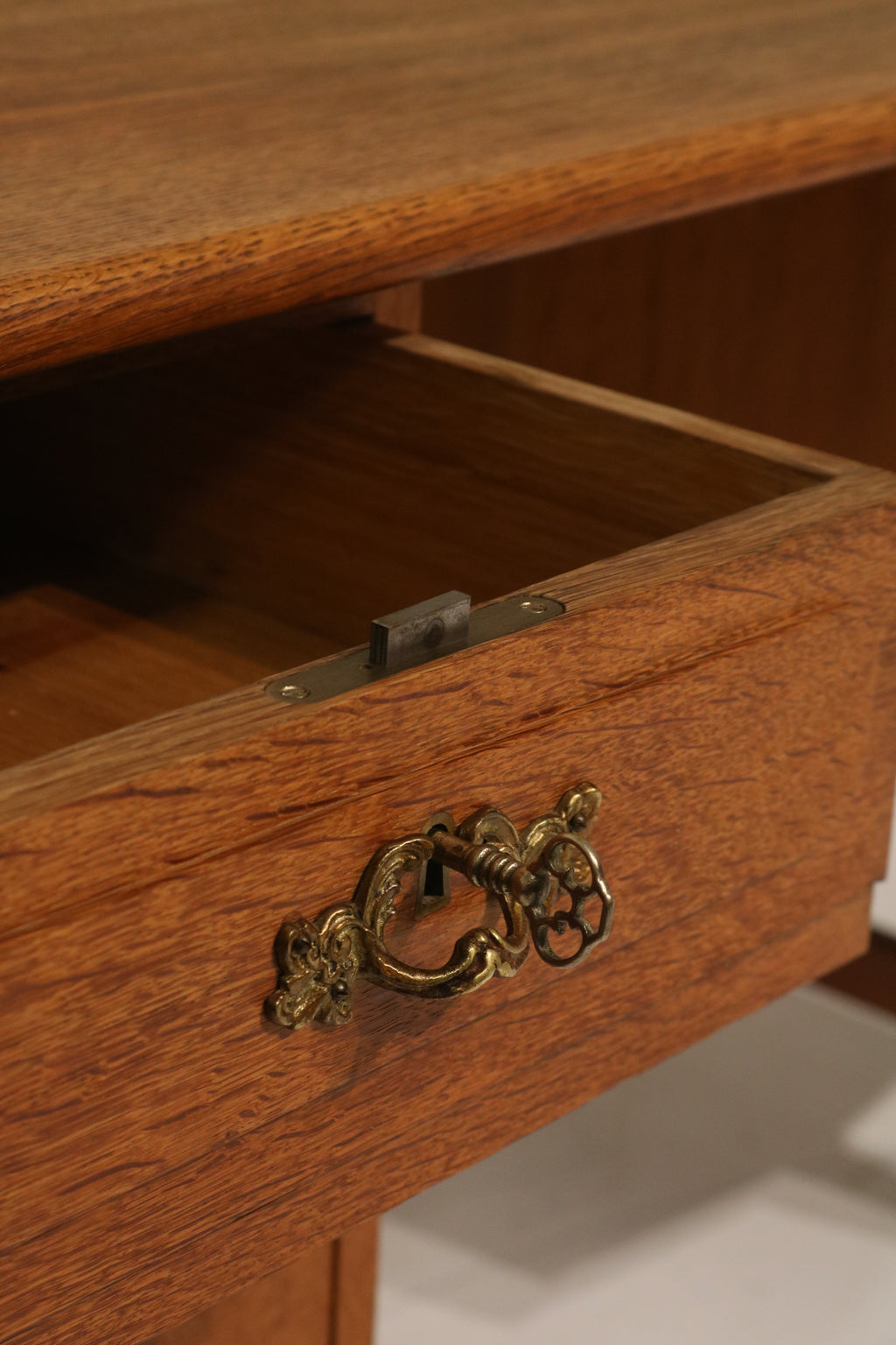 Mid Century Danish Oak Wood Writing Desk With Drawers And Key