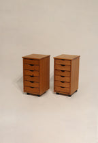 Set Of 2 Vintage Swedish Pine Rolling Nightstands Cabinet Storages