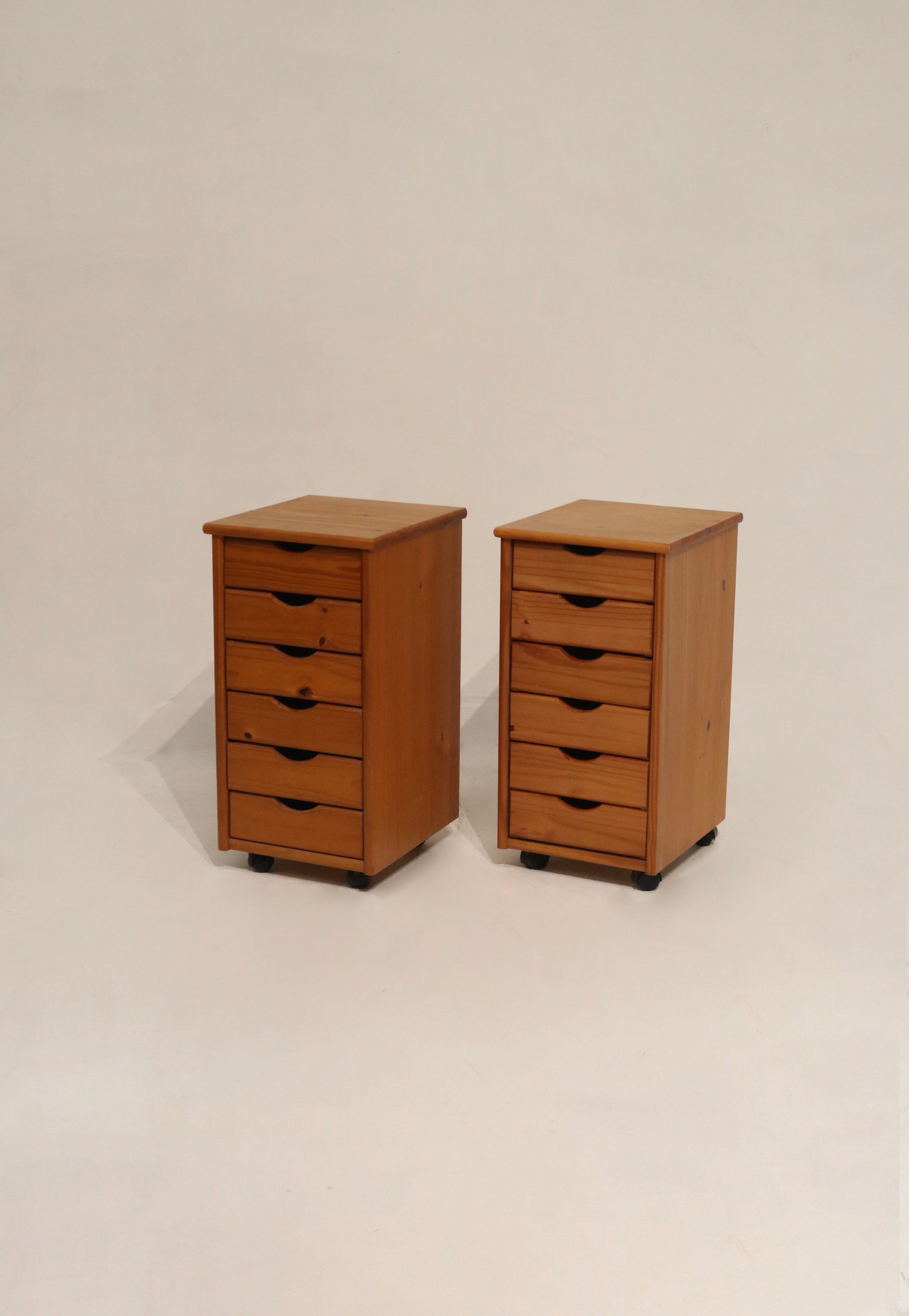 Set Of 2 Vintage Swedish Pine Rolling Nightstands Cabinet Storages
