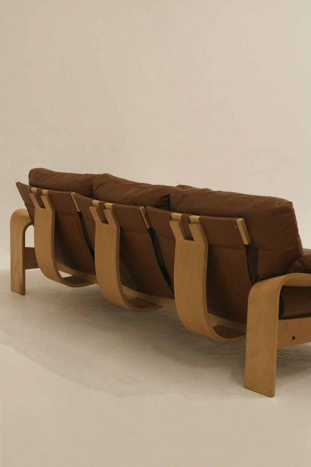 Vintage Swedish Brown Leather Beech Wood Panda Sofa by Åke Fribyter for Nelo Möbler