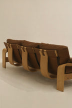 Vintage Swedish Brown Leather Beech Wood Panda Sofa by Åke Fribyter for Nelo Möbler