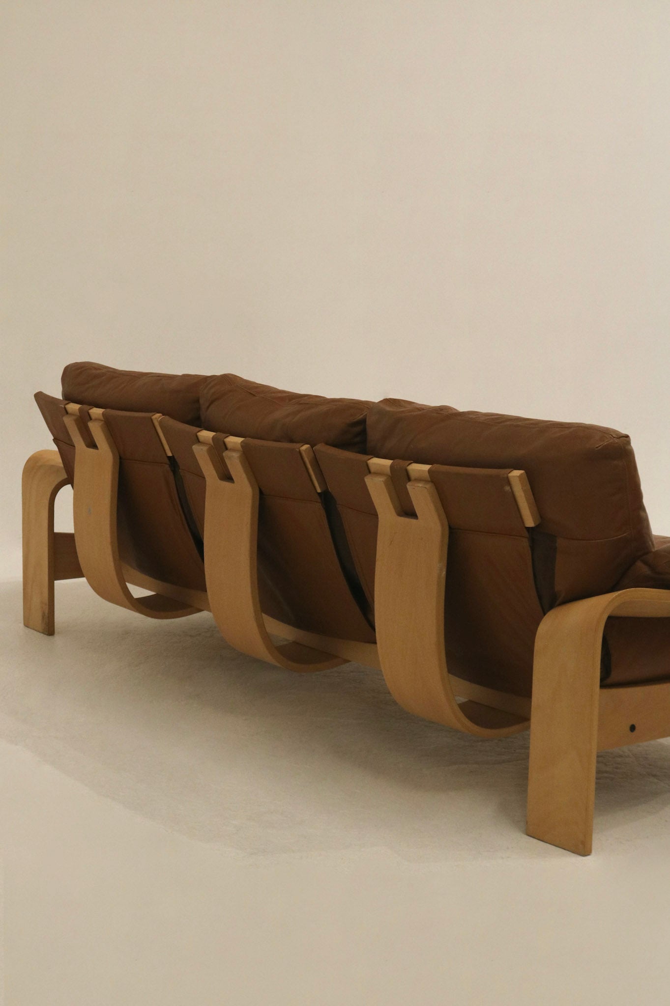 Vintage Swedish Brown Leather Beech Wood Panda Sofa by Åke Fribyter for Nelo Möbler