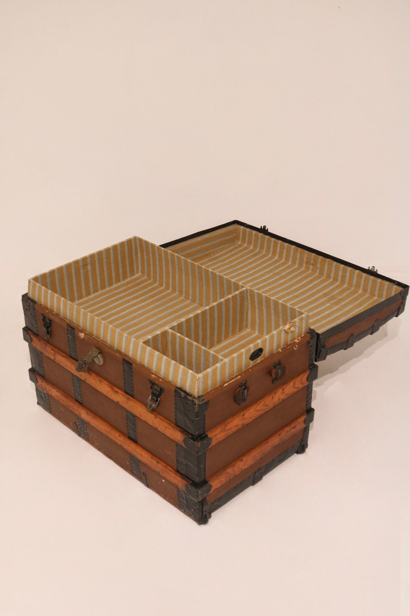 19th-Century Pine Trunk with Iron & Leather
