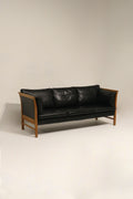Danish Mcm Vintage Black Leather Oak Sofa Couch 3 Seats