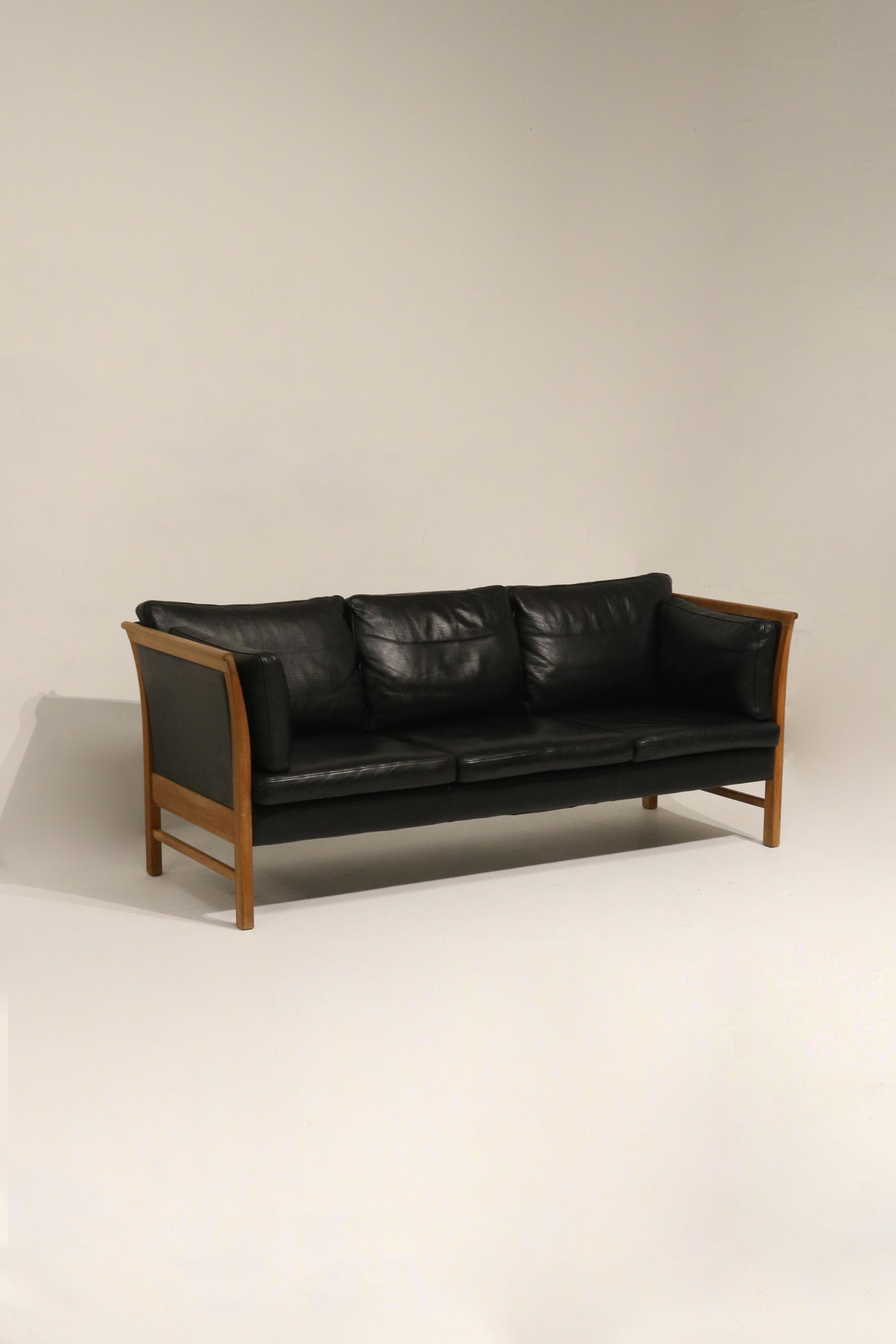 Danish Mcm Vintage Black Leather Oak Sofa Couch 3 Seats