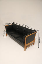 Danish Mcm Vintage Black Leather Oak Sofa Couch 3 Seats