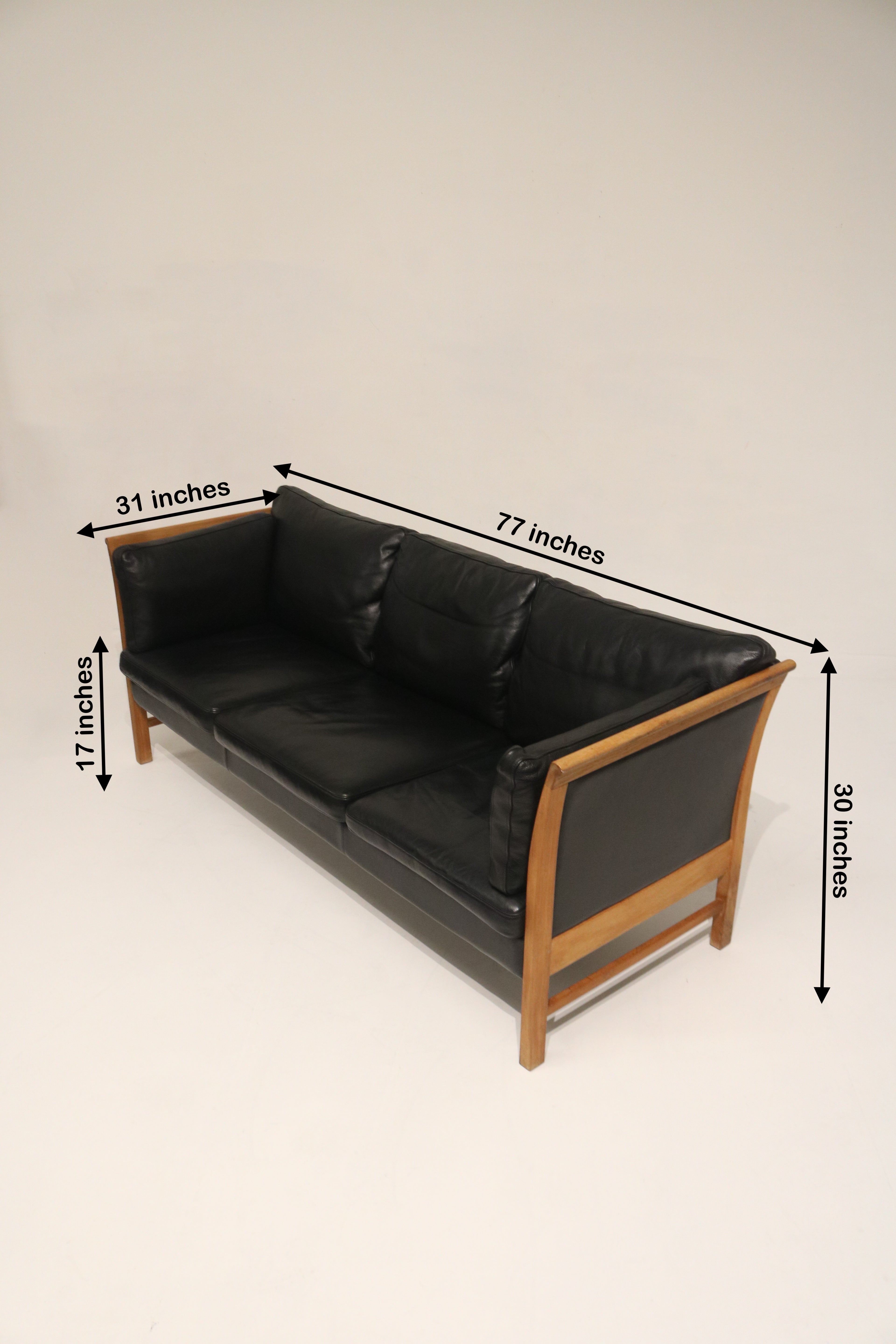 Danish Mcm Vintage Black Leather Oak Sofa Couch 3 Seats