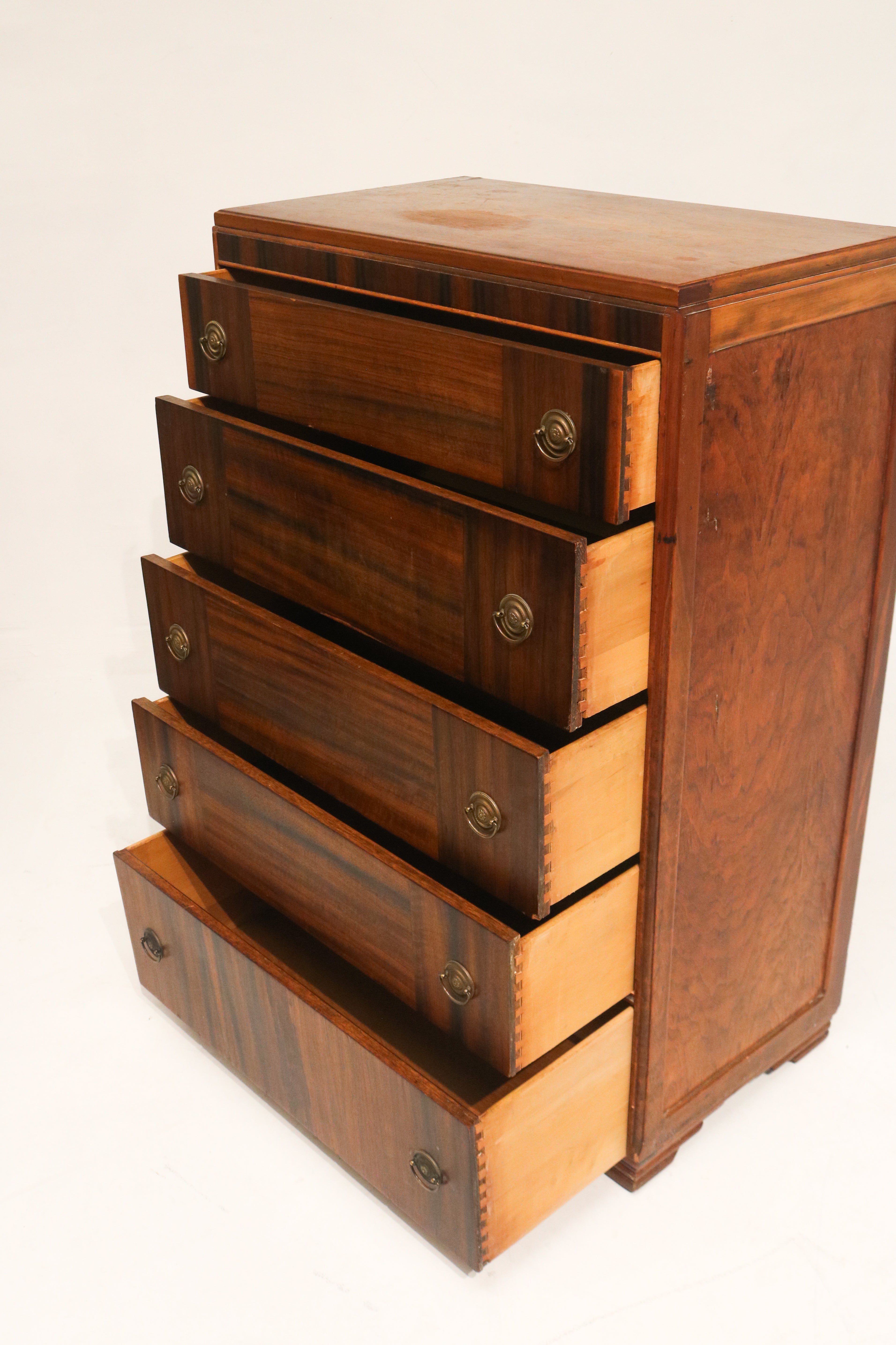 Art Deco Vintage Walnut Wood Tall Dresser Chest Of Drawers