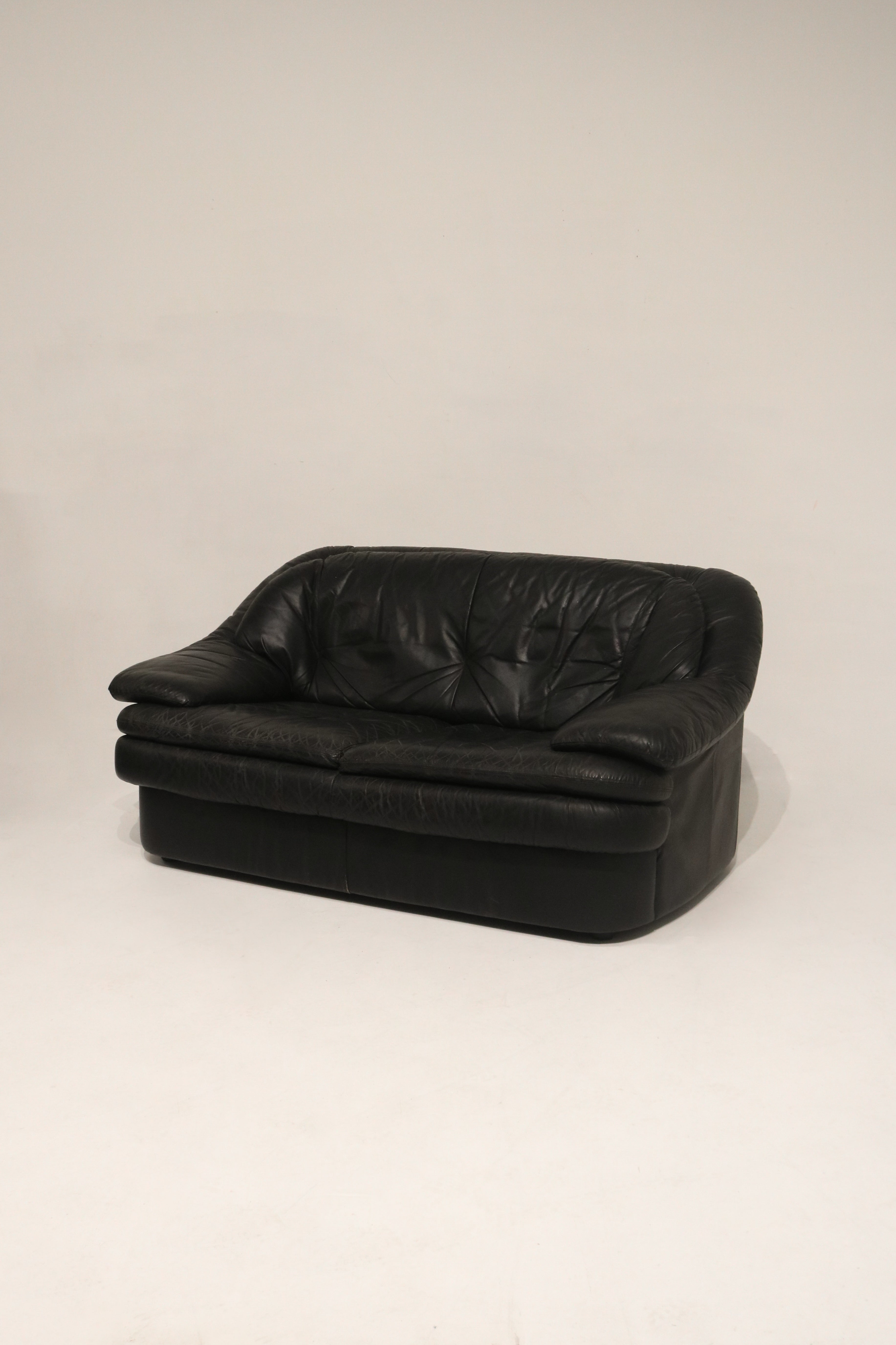 Vintage Postmodern Black Leather Loveseat Sofa