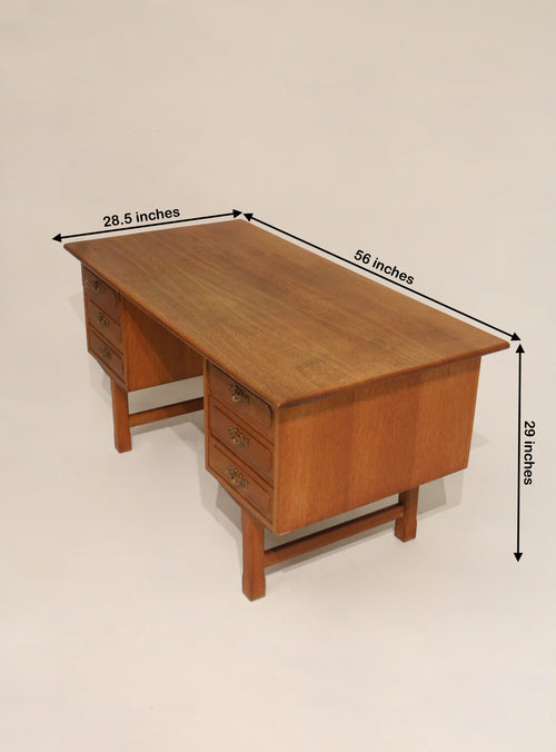 Mid Century Danish Oak Wood Writing Desk With Drawers And Key
