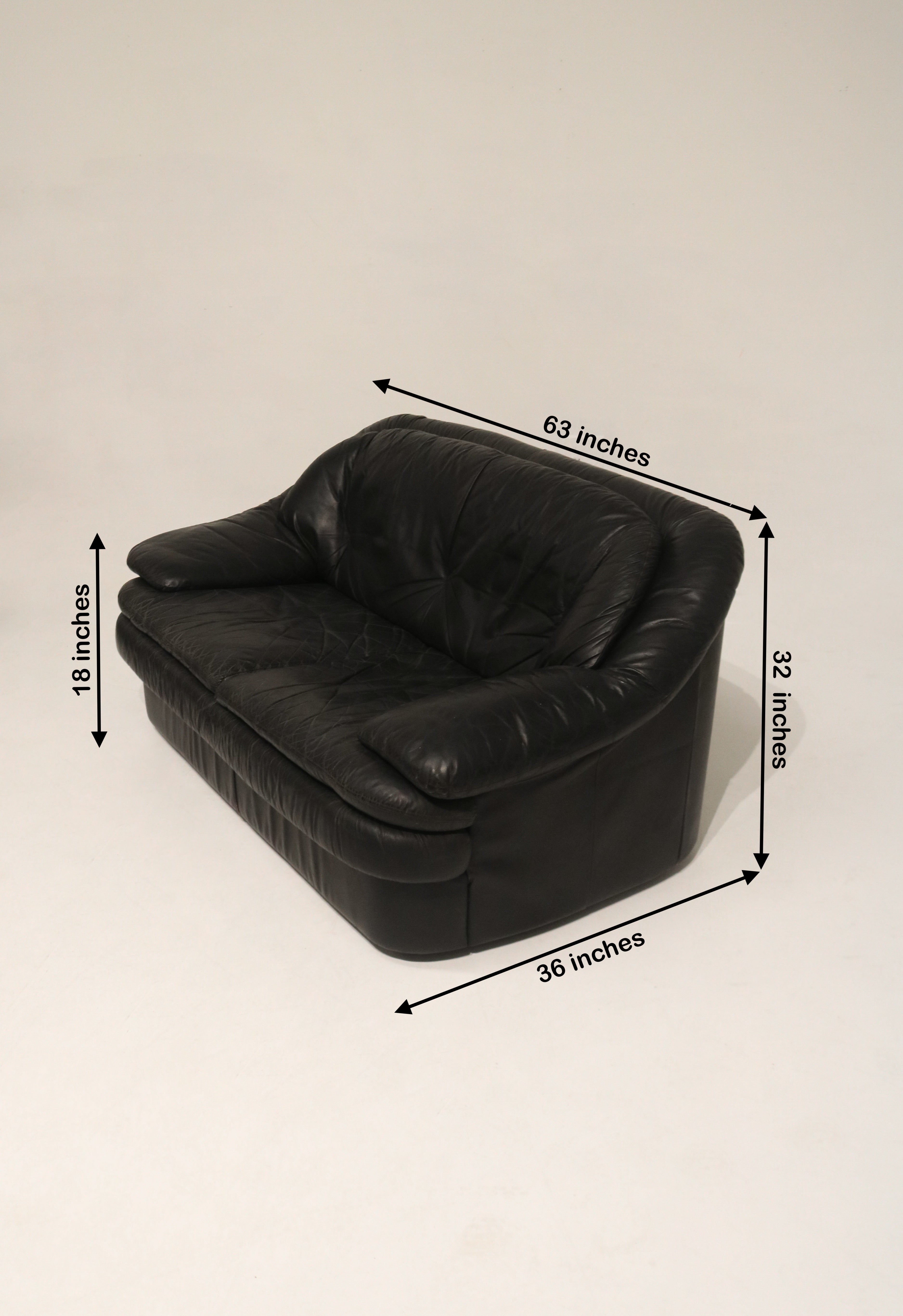 Vintage Postmodern Black Leather Loveseat Sofa